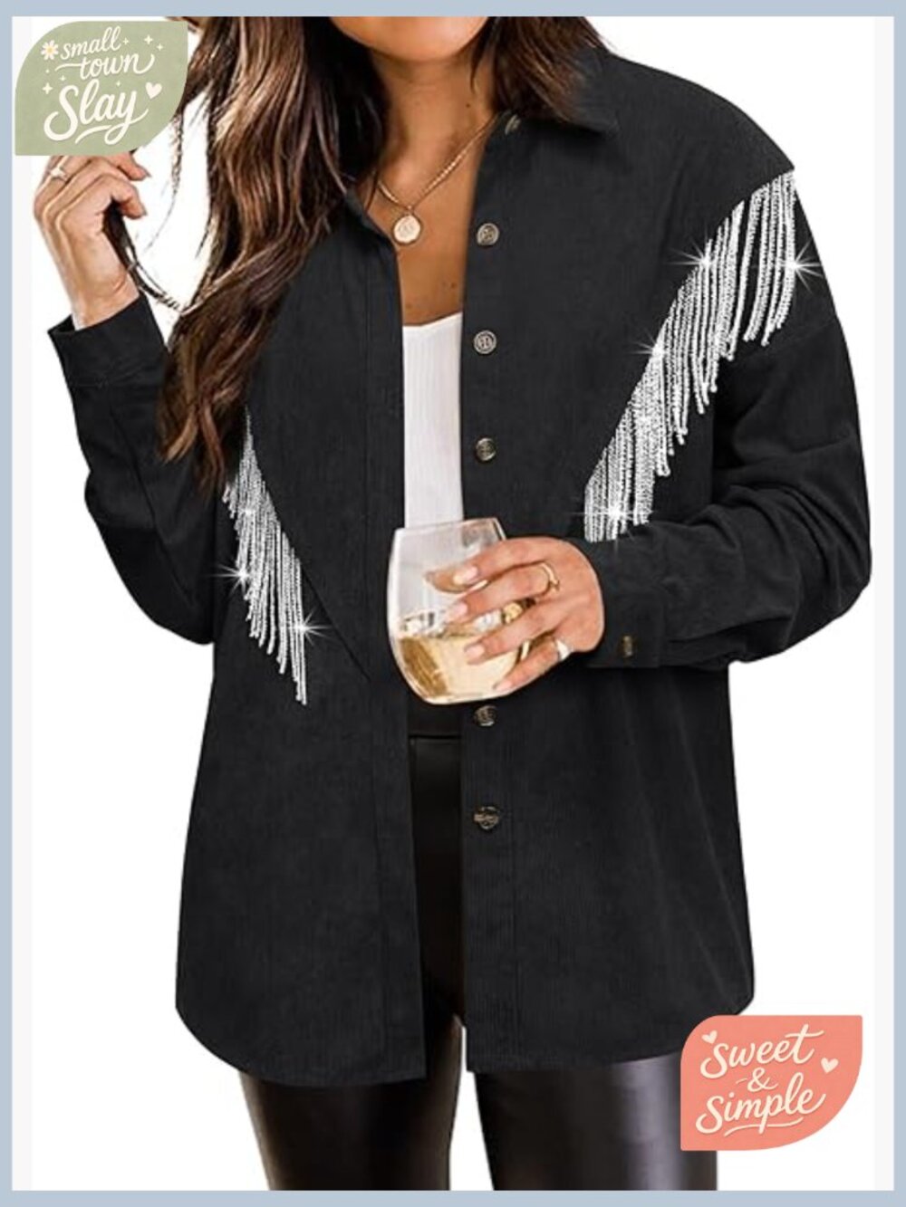 Rhinestone Fringe Corduroy Shacket Jacket Long Sleeve Button Down Concert Outfit - Picture 1 of 7